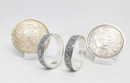 Ensemble bague pièce de monnaie 1 Rupee et un demi Rupee en argent style alliance avec gravure (coin ring)