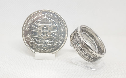 Bague pièce de monnaie 1000 Escudos " Louis de Camoes" du Portugal en argent serti d'un diamant (coin ring)