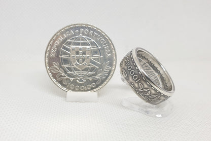 Bague pièce de monnaie 1000 Escudos " Louis de Camoes" du Portugal en argent serti d'un diamant (coin ring)