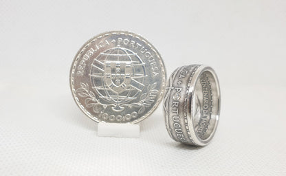 Bague pièce de monnaie 1000 Escudos " Louis de Camoes" du Portugal en argent serti d'un diamant (coin ring)