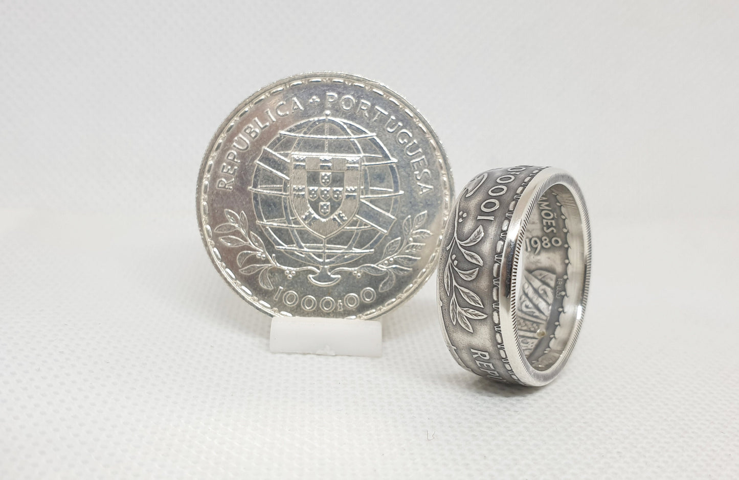 Bague pièce de monnaie 1000 Escudos " Louis de Camoes" du Portugal en argent serti d'un diamant (coin ring)