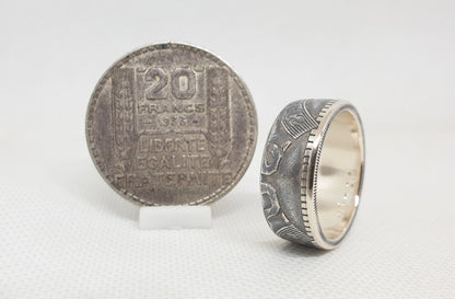 Bague pièce de monnaie 20 Francs Turin en argent style alliance avec gravure (coin ring)