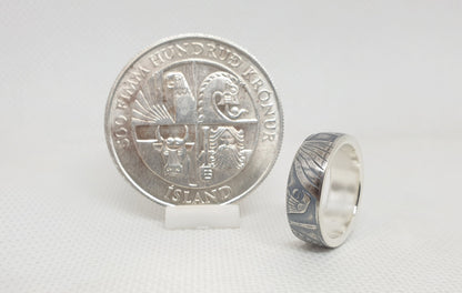 Bague pièce de monnaie 500 Kronur d'Islande en argent style alliance serti d'une améthyste avec gravure