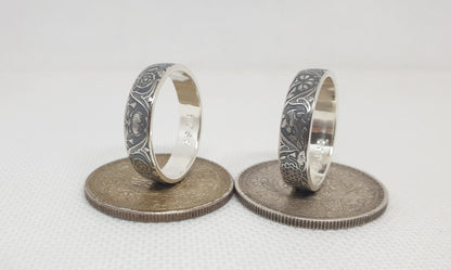 Ensemble bague pièce de monnaie 1 Rupee et un demi Rupee en argent style alliance avec gravure (coin ring)