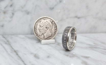 Bague pièce de monnaie 2 Francs Napoléon visible en argent (coin ring)