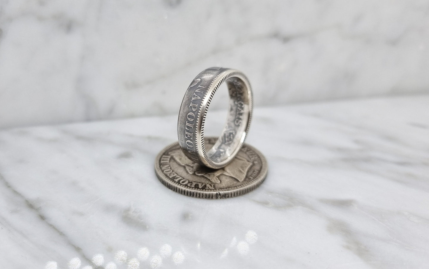 Bague pièce de monnaie 2 Francs Napoléon visible en argent (coin ring)