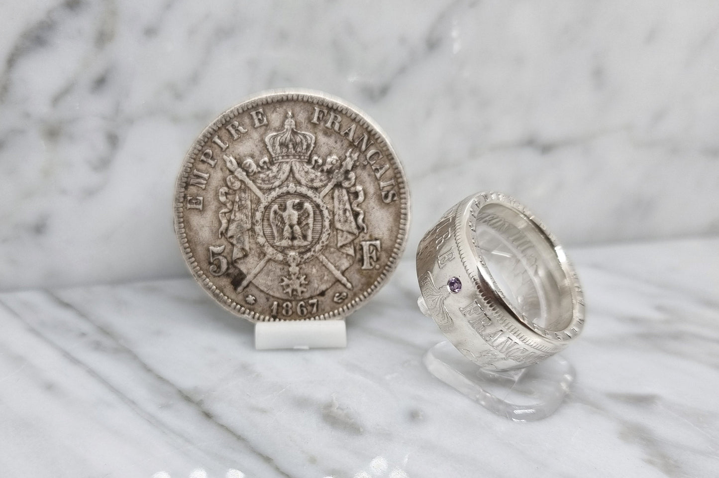 Bague pièce de monnaie 5 Francs Napoléon en argent serti d'une améthyste (coin ring)