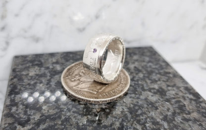 Bague pièce de monnaie 5 Francs Napoléon en argent serti d'une améthyste (coin ring)