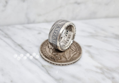 Bague pièce de monnaie 5 Francs Napoléon III visible en argent serti d'un rubis, d'une émeraude et d'un saphir (coin ring)