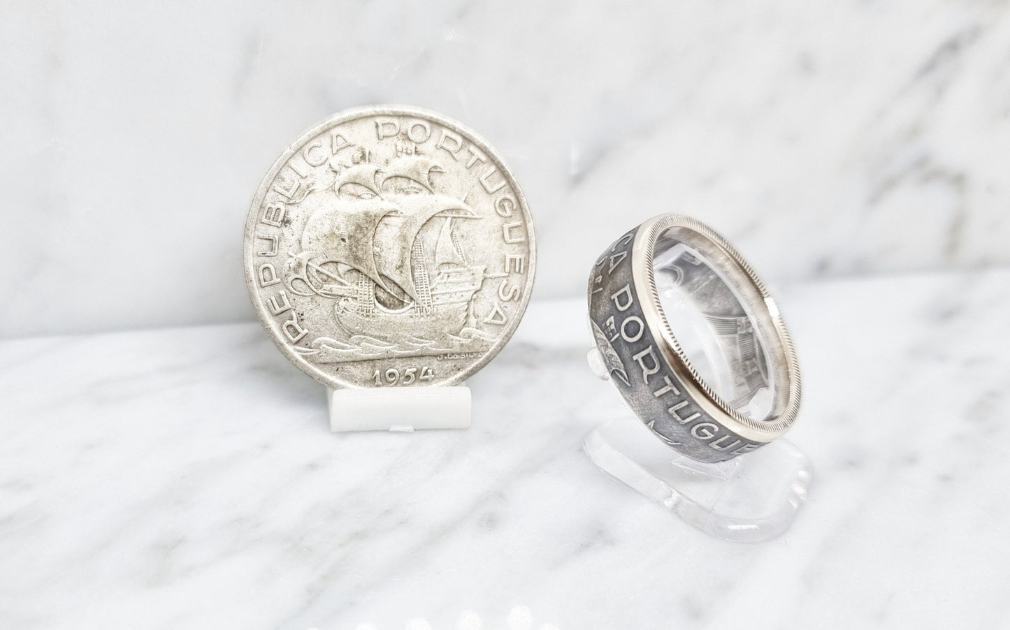 Bague pièce de monnaie 10 Escudos du Portugal en argent (coin ring)