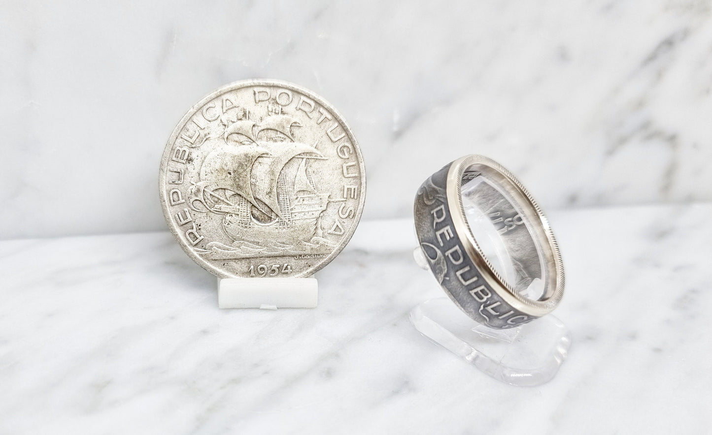 Bague pièce de monnaie 10 Escudos du Portugal en argent (coin ring)