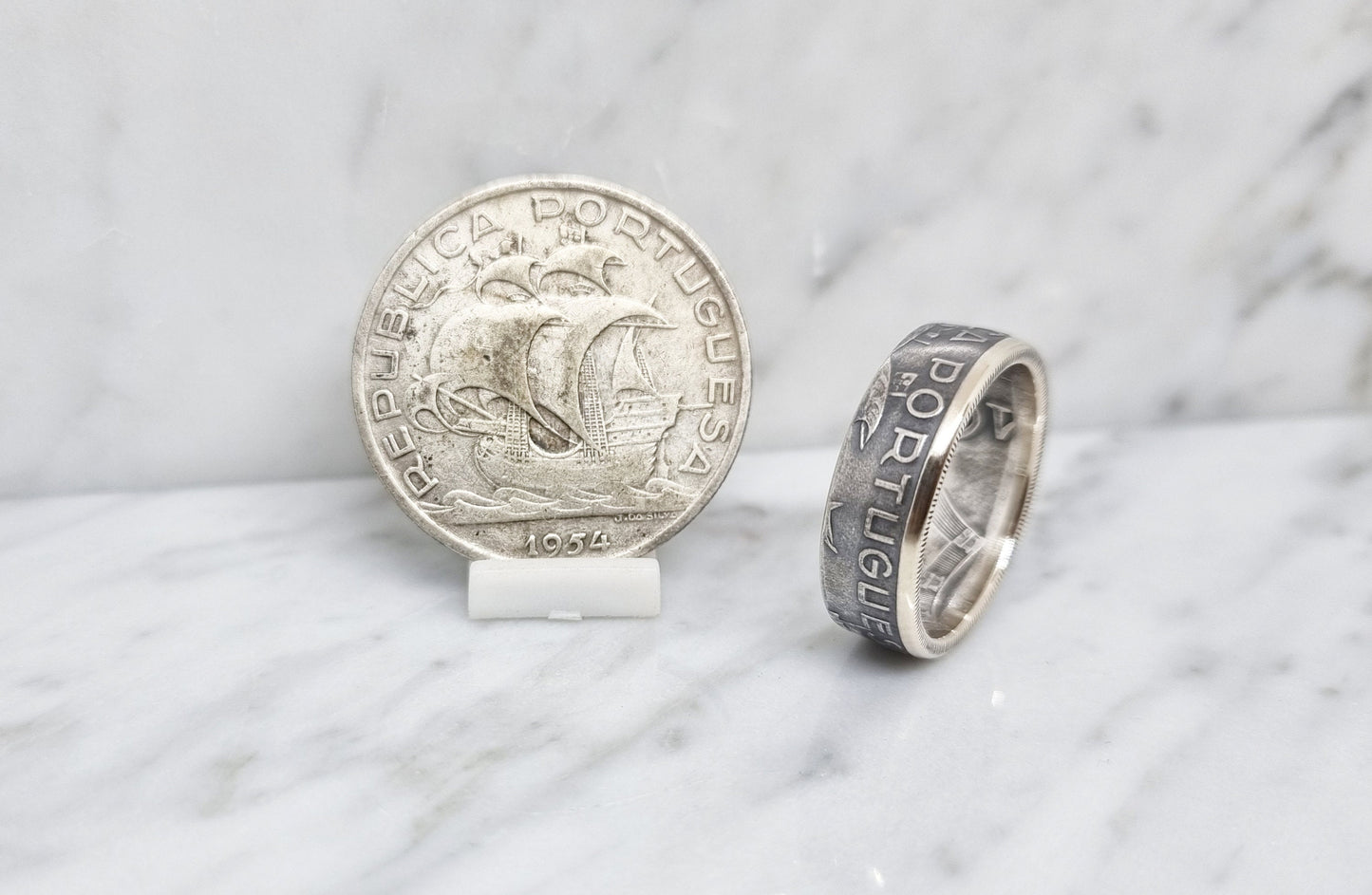 Bague pièce de monnaie 10 Escudos du Portugal en argent (coin ring)