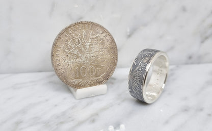 Bague pièce de monnaie 100 Francs "Panthéon" en argent style alliance avec gravure (coin ring)