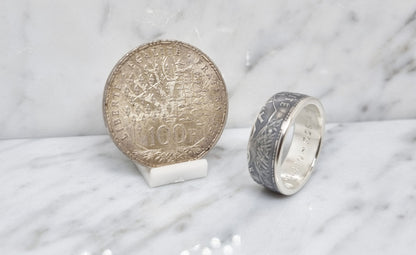 Bague pièce de monnaie 100 Francs "Panthéon" en argent style alliance avec gravure (coin ring)