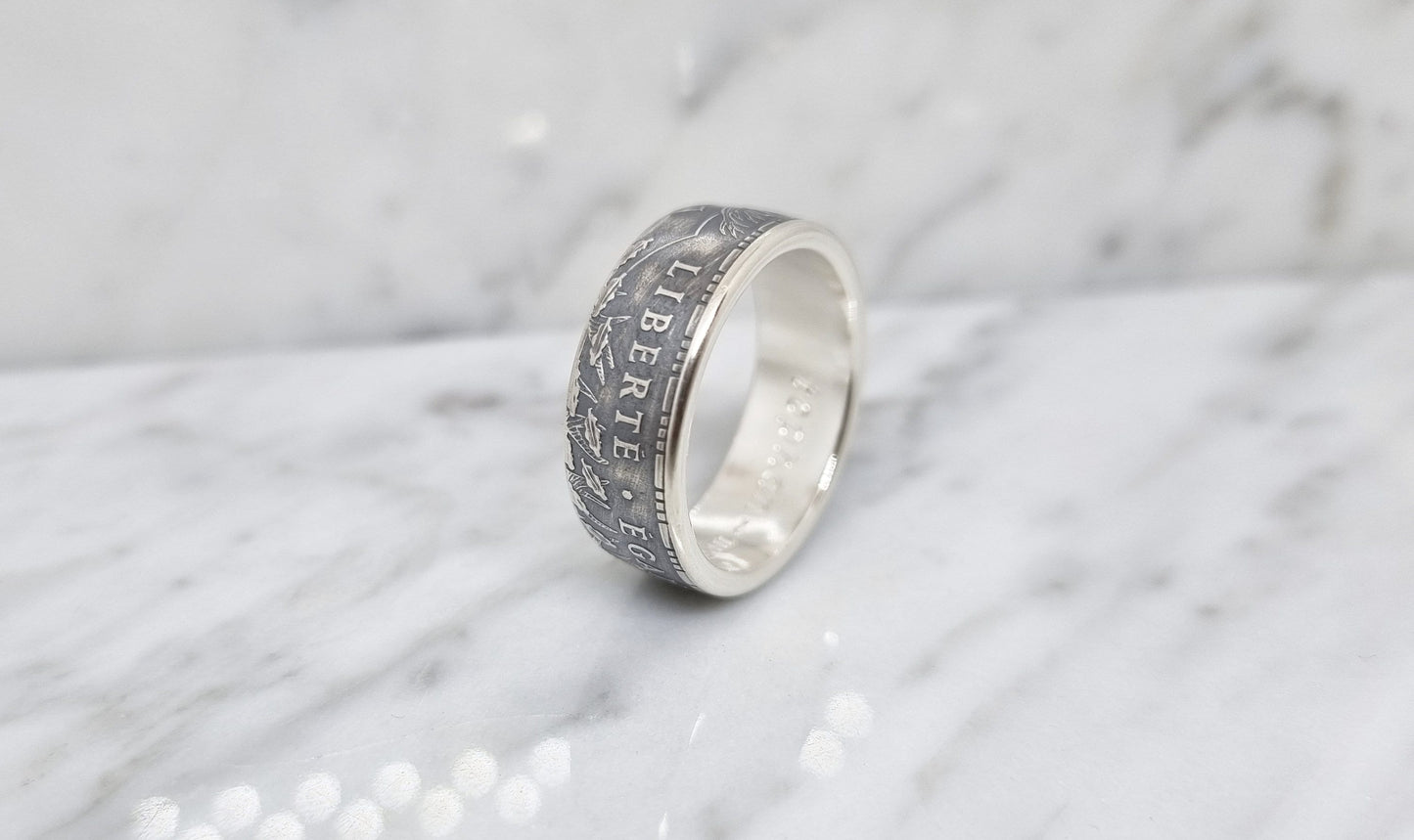 Bague pièce de monnaie 100 Francs "Panthéon" en argent style alliance avec gravure (coin ring)