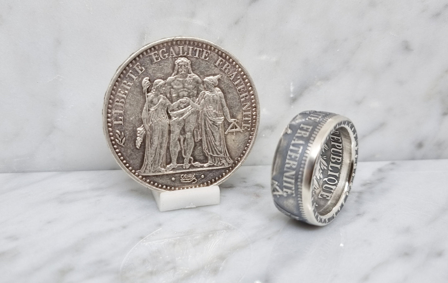 Bague pièce de monnaie 10 Francs Hercule "devise visible" en argent (coin ring)