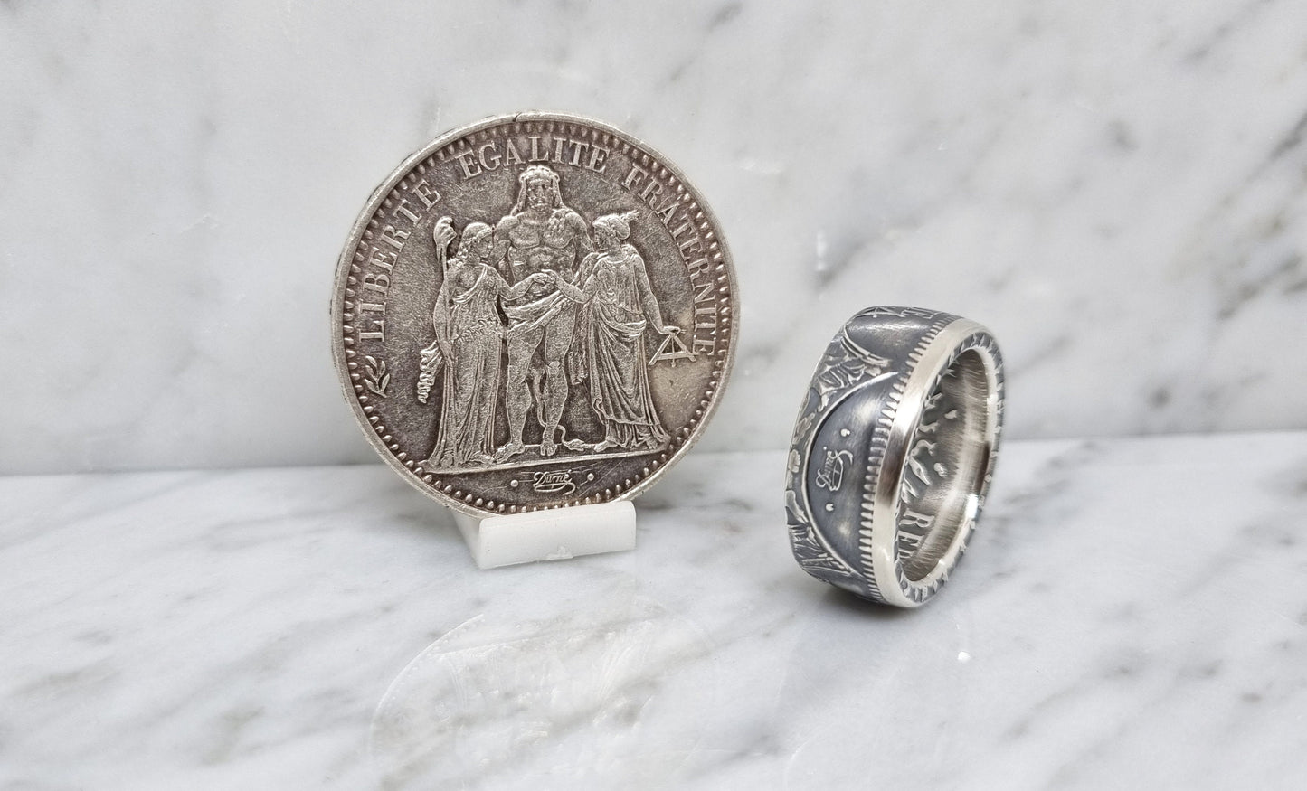 Bague pièce de monnaie 10 Francs Hercule "devise visible" en argent (coin ring)