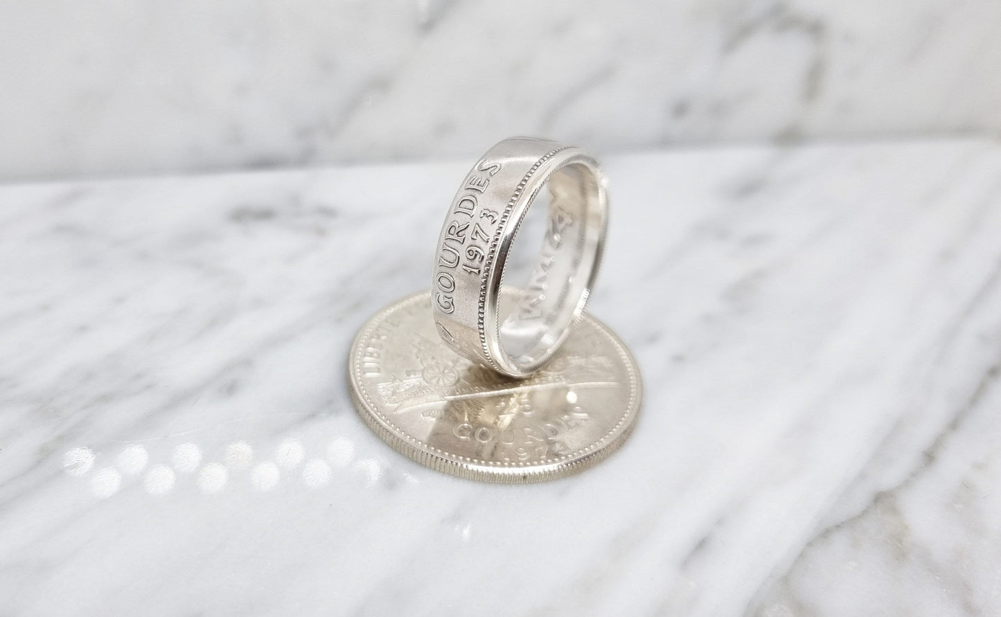 Bague pièce de monnaie 25 Gourdes d'Haiti en argent (coin ring)