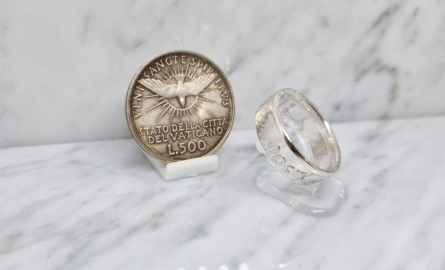 Bague pièce de monnaie 500 Lires du Vatican "Siège vacant" en argent (coin ring)