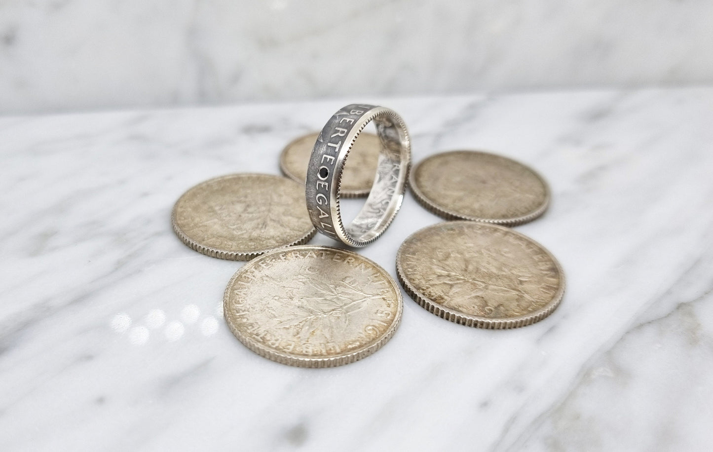 Bague pièce de monnaie 1 Franc Semeuse en argent serti d'une spinelle (coin ring)