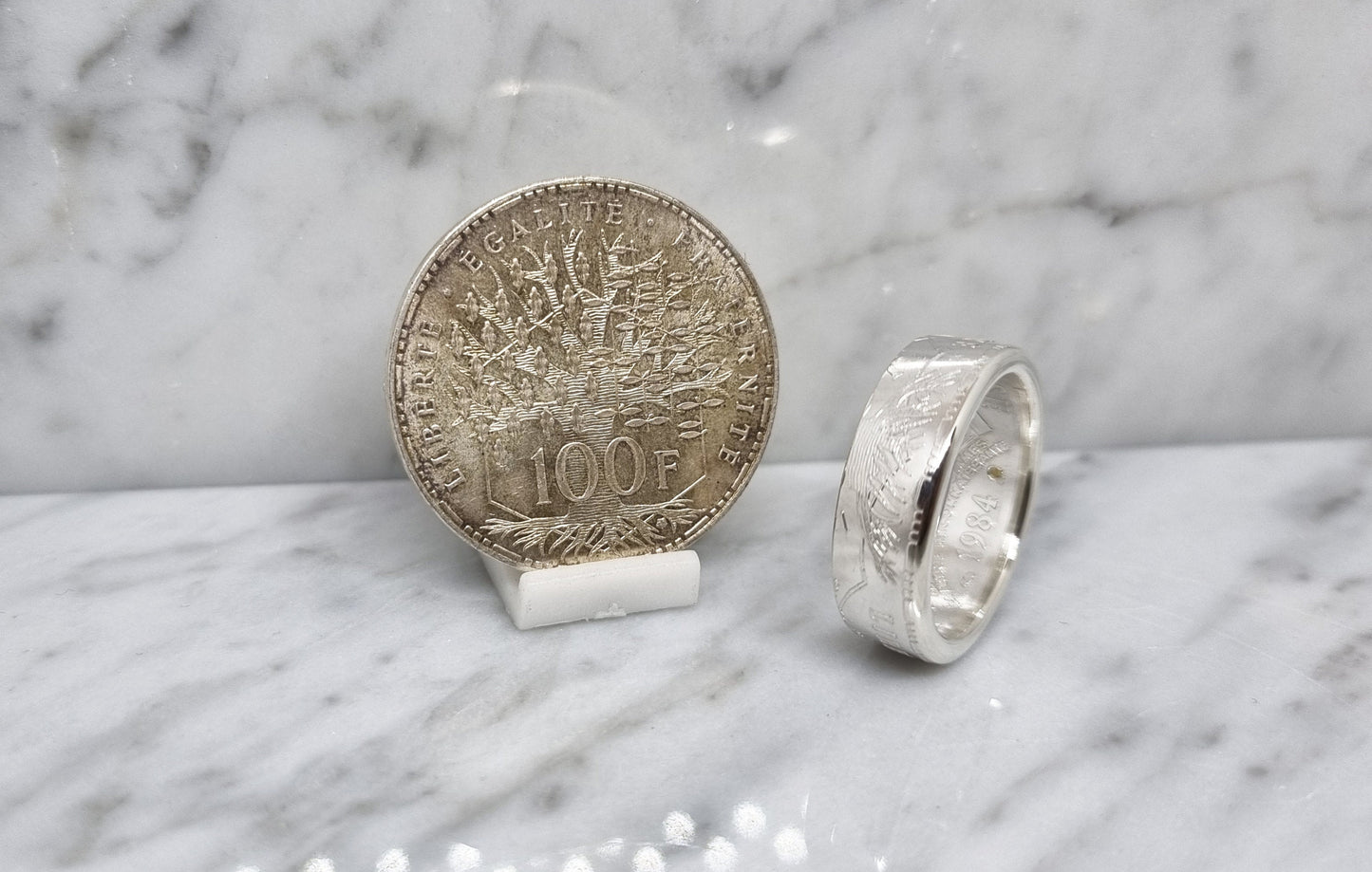 Bague pièce de monnaie 100 Francs "Panthéon" en argent serti d'une citrine (coin ring)