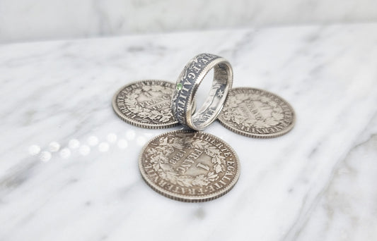 Bague pièce de monnaie 1 Franc Cérès en argent serti d'une tsavorite (coin ring)