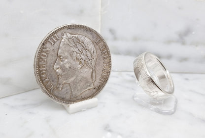 Bague pièce de monnaie 5 Francs Napoléon III visible en argent style alliance (coin ring)