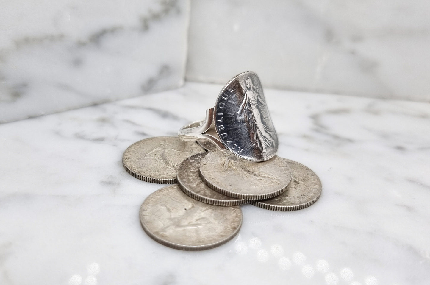 Bague pièce de monnaie 50 Centimes Semeuse cintrée en argent