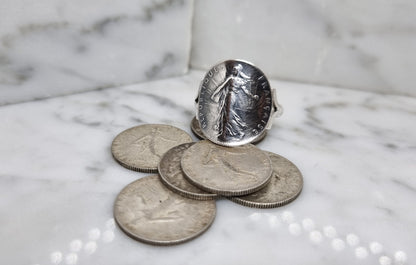 Bague pièce de monnaie 50 Centimes Semeuse cintrée en argent