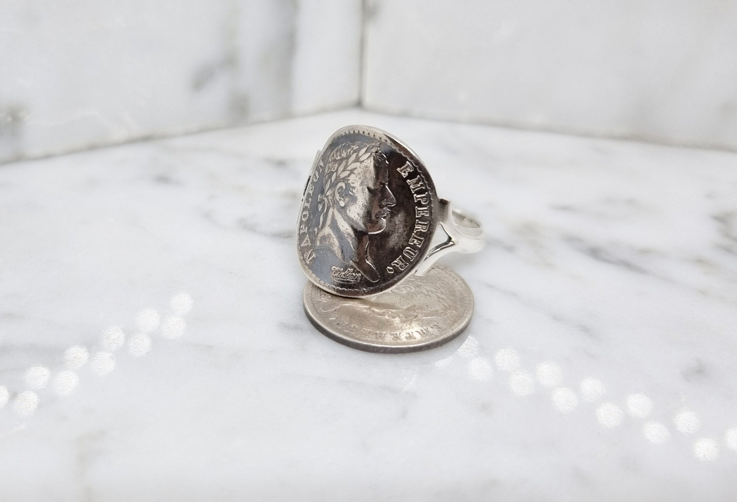 Bague pièce de monnaie demi franc Napoléon Empereur tête laurée cintrée en argent