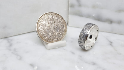 Bague pièce de monnaie demi Rupee d'Inde en argent style alliance (coin ring)