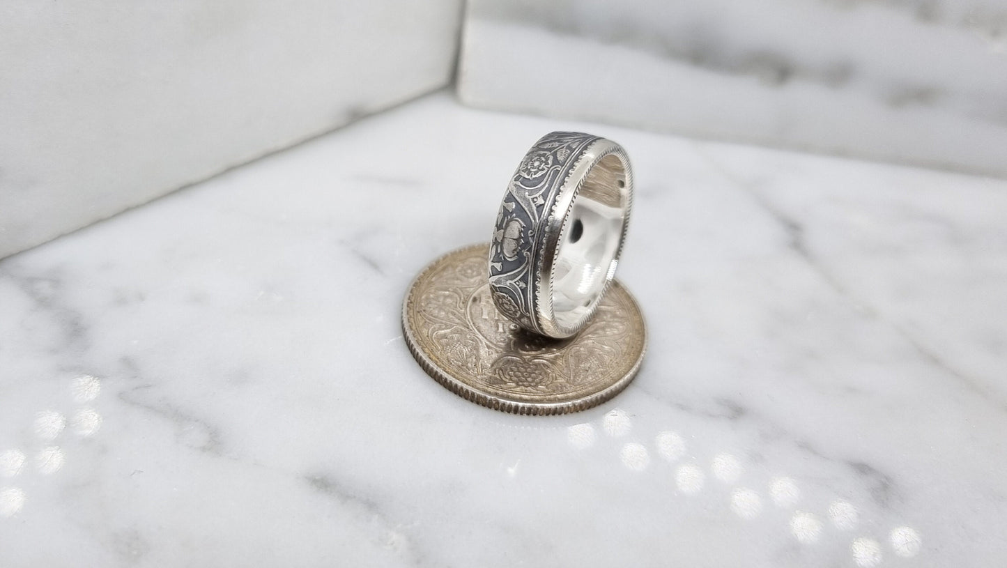 Bague pièce de monnaie demi Rupee d'Inde en argent style alliance (coin ring)