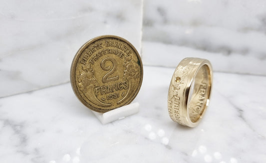 Bague pièce de monnaie 2 Francs Morlon serti d'une citrine (coin ring)