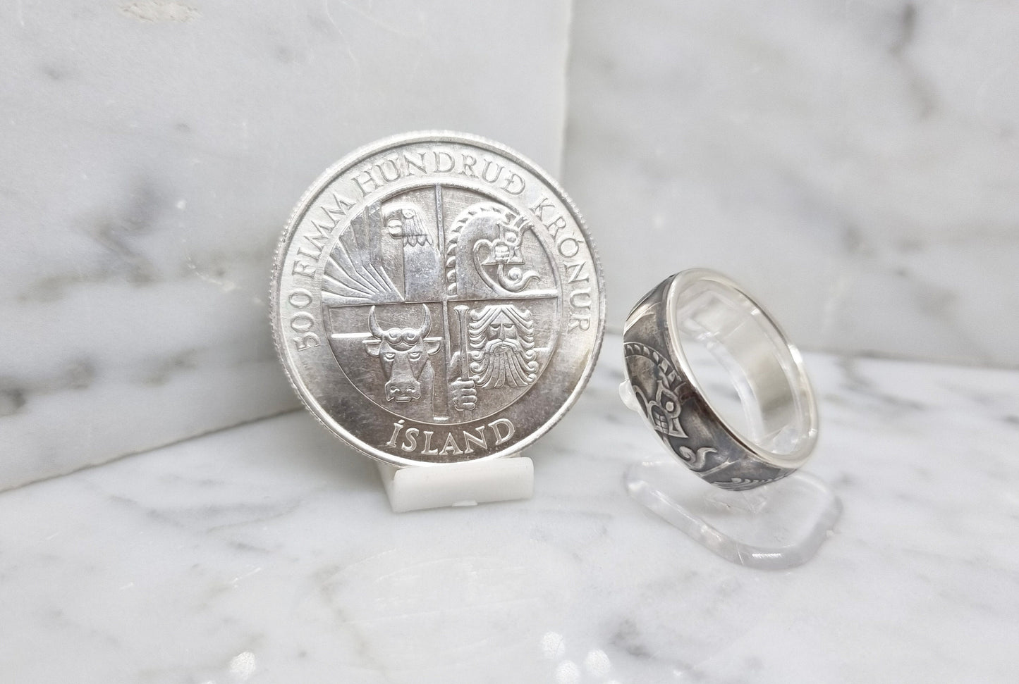 Bague pièce de monnaie 500 Kronur d'Islande en argent style alliance (coin ring)