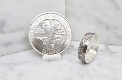 Bague pièce de monnaie 500 Kronur d'Islande en argent style alliance (coin ring)