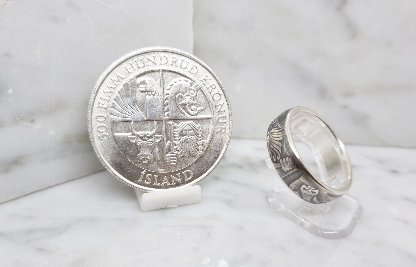 Bague pièce de monnaie 500 Kronur d'Islande en argent style alliance (coin ring)