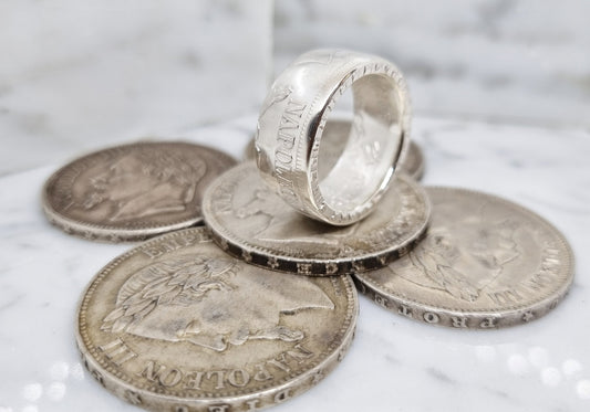 Bague pièce de monnaie 5 Francs Napoléon III visible en argent (coin ring)