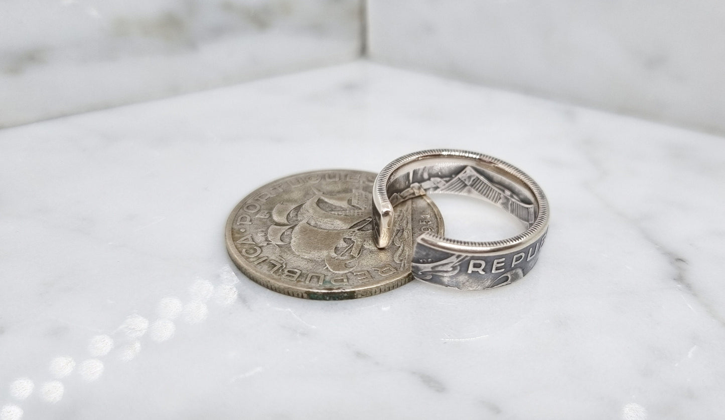 Bague pièce de monnaie 5 Escudos du Portugal ouverte en argent (coin ring)