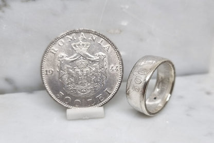 Bague pièce de monnaie 500 Lei Roumanie en argent serti d'un saphir (coin ring)