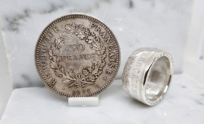 Bague pièce de monnaie 50 Francs Hercule en argent serti d'un saphir (coin ring)