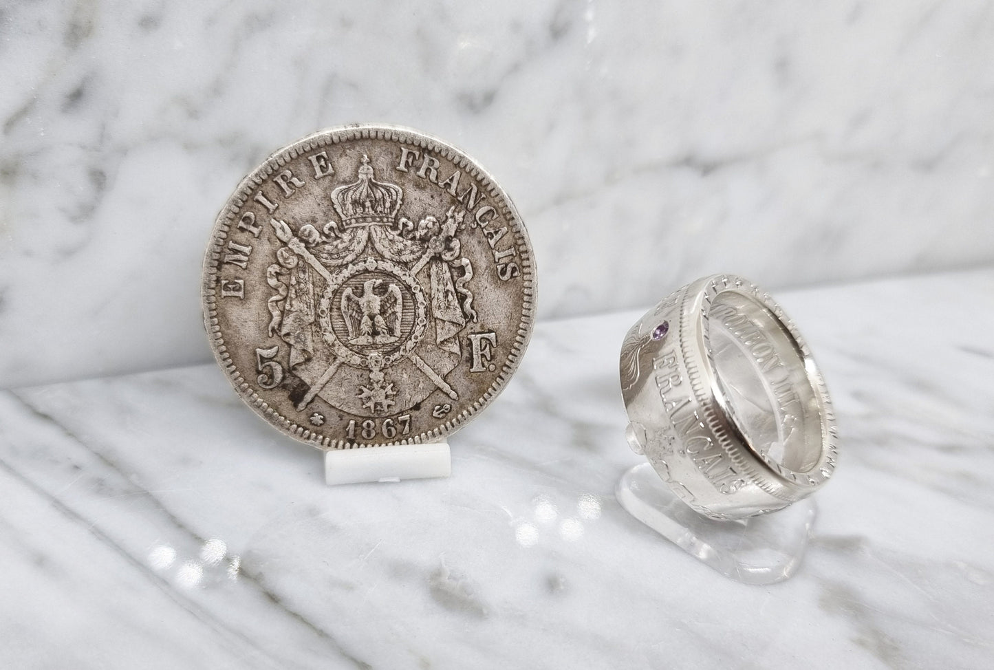 Bague pièce de monnaie 5 Francs Napoléon en argent serti d'une améthyste (coin ring)