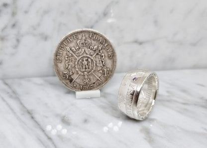 Bague pièce de monnaie 5 Francs Napoléon en argent serti d'une améthyste (coin ring)