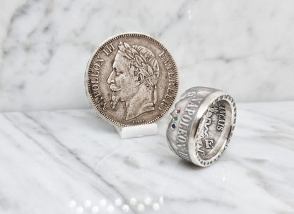 Bague pièce de monnaie 5 Francs Napoléon III visible en argent serti d'un rubis, d'une émeraude et d'un saphir (coin ring)