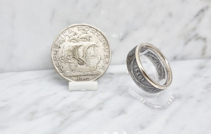 Bague pièce de monnaie 10 Escudos du Portugal en argent (coin ring)