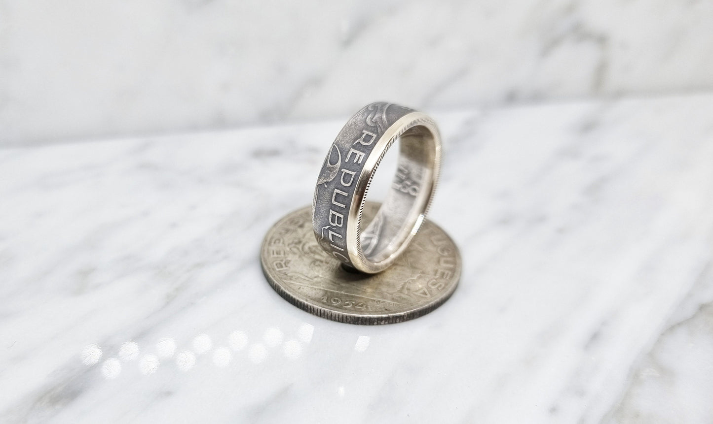 Bague pièce de monnaie 10 Escudos du Portugal en argent (coin ring)