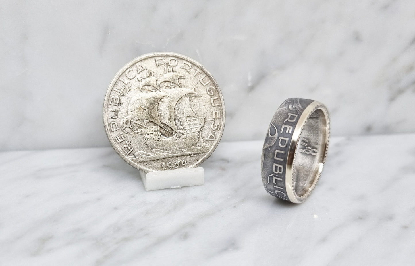 Bague pièce de monnaie 10 Escudos du Portugal en argent (coin ring)