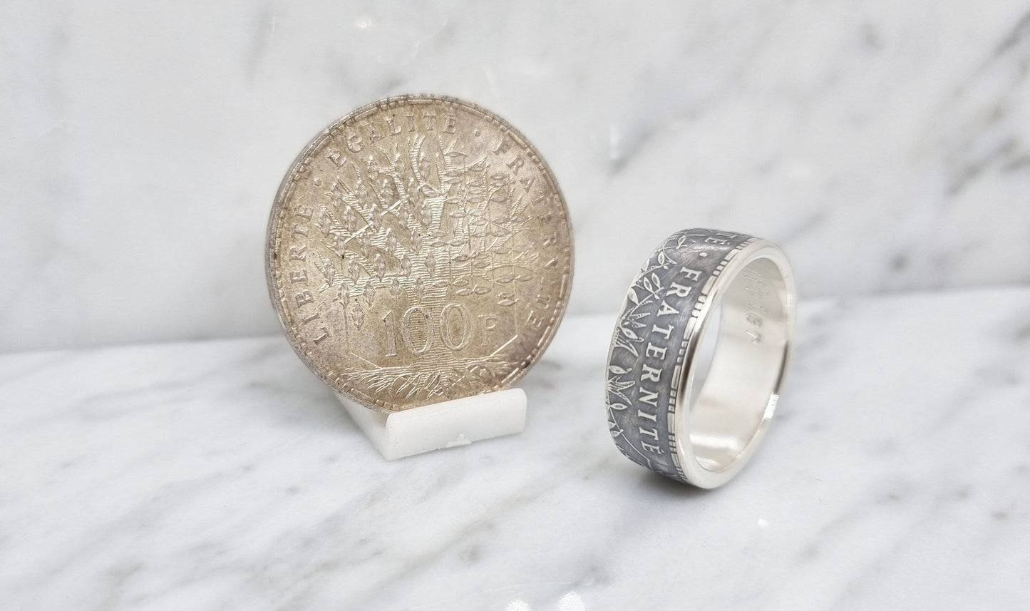 Bague pièce de monnaie 100 Francs "Panthéon" en argent style alliance avec gravure (coin ring)