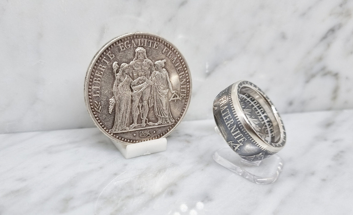 Bague pièce de monnaie 10 Francs Hercule "devise visible" en argent (coin ring)