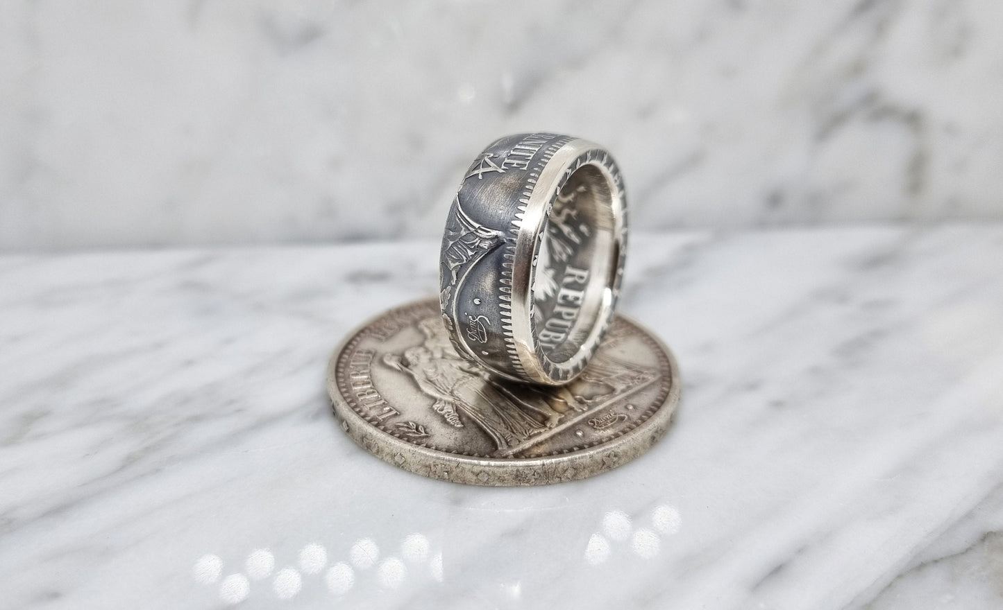 Bague pièce de monnaie 10 Francs Hercule "devise visible" en argent (coin ring)