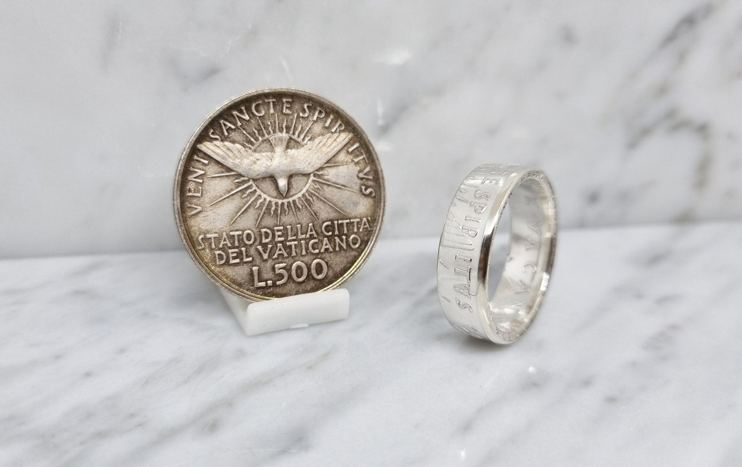 Bague pièce de monnaie 500 Lires du Vatican "Siège vacant" en argent (coin ring)